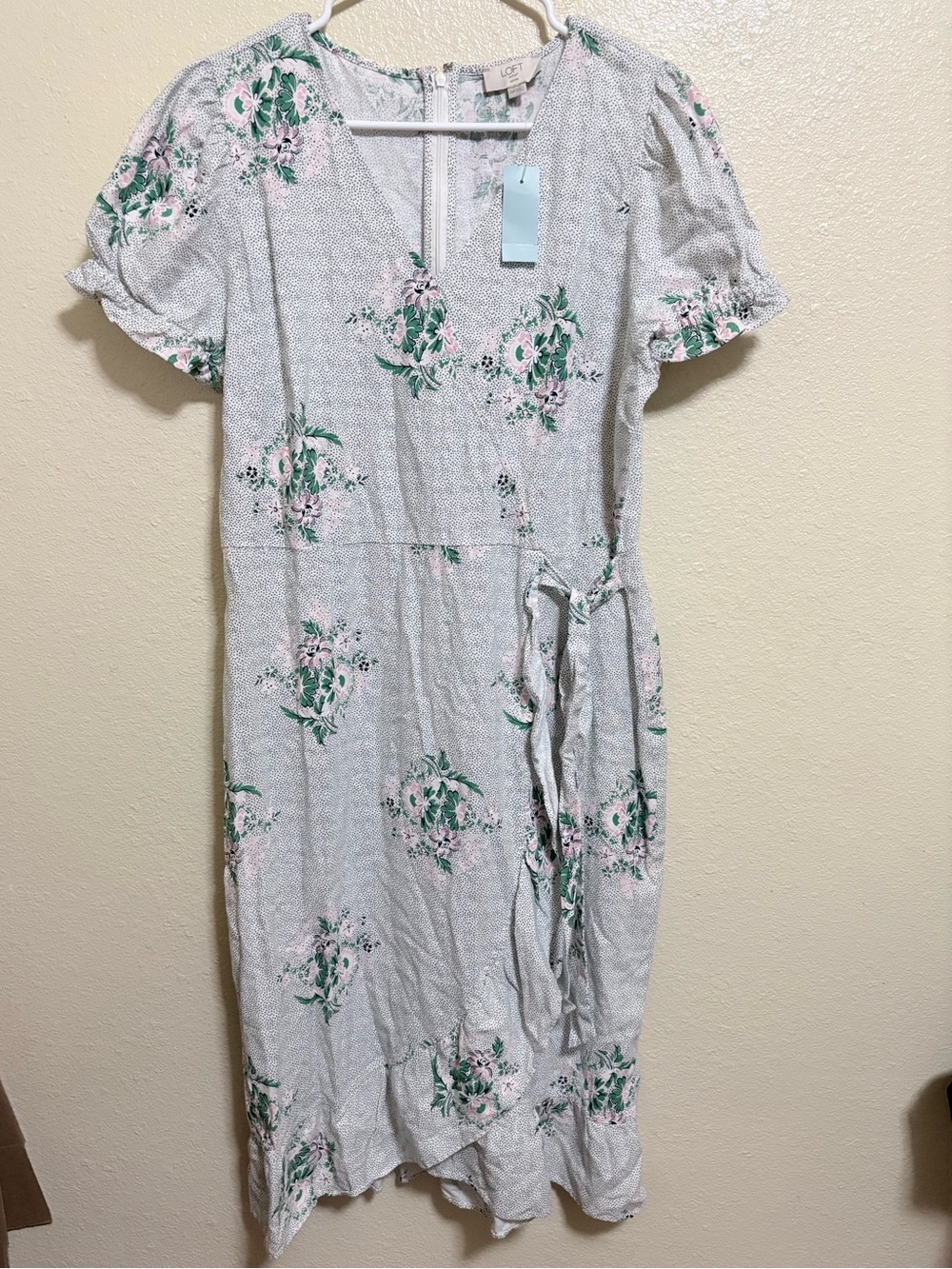 LOFT White Floral Wrap-Style Midi Dress with Green Accents